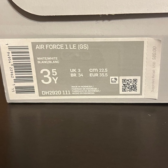 White AF1 size 3.5Y, NEW WITH BOX - Picture 7 of 8